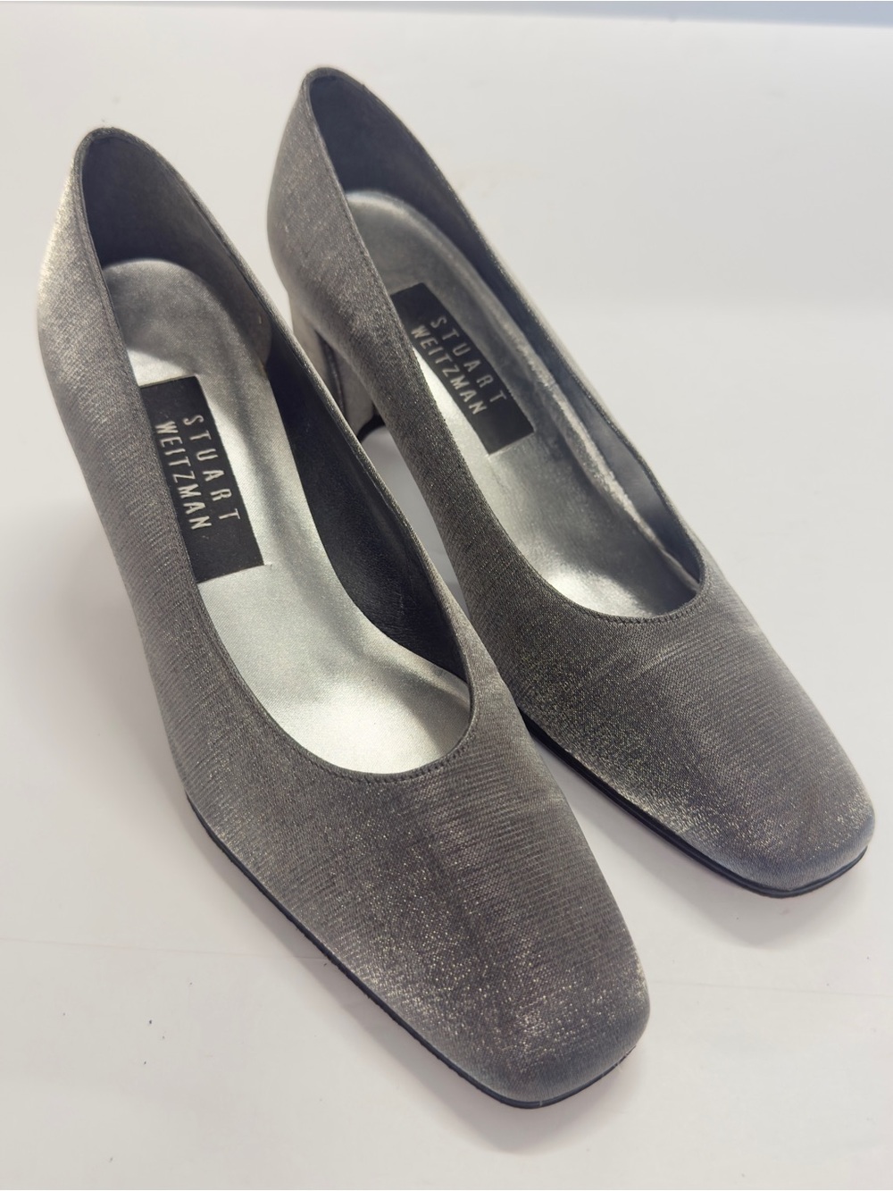 Vintage 90s Stuart Weitzman 'Anna' Pewter Metallic Block Heel Pumps Size 7